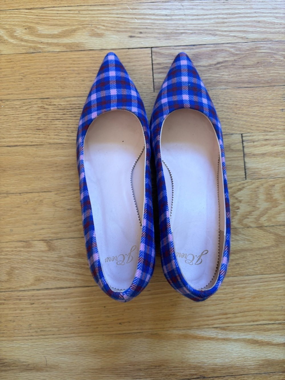 J. Crew Purple and Pink Plaid Pointed Toe kitten heels